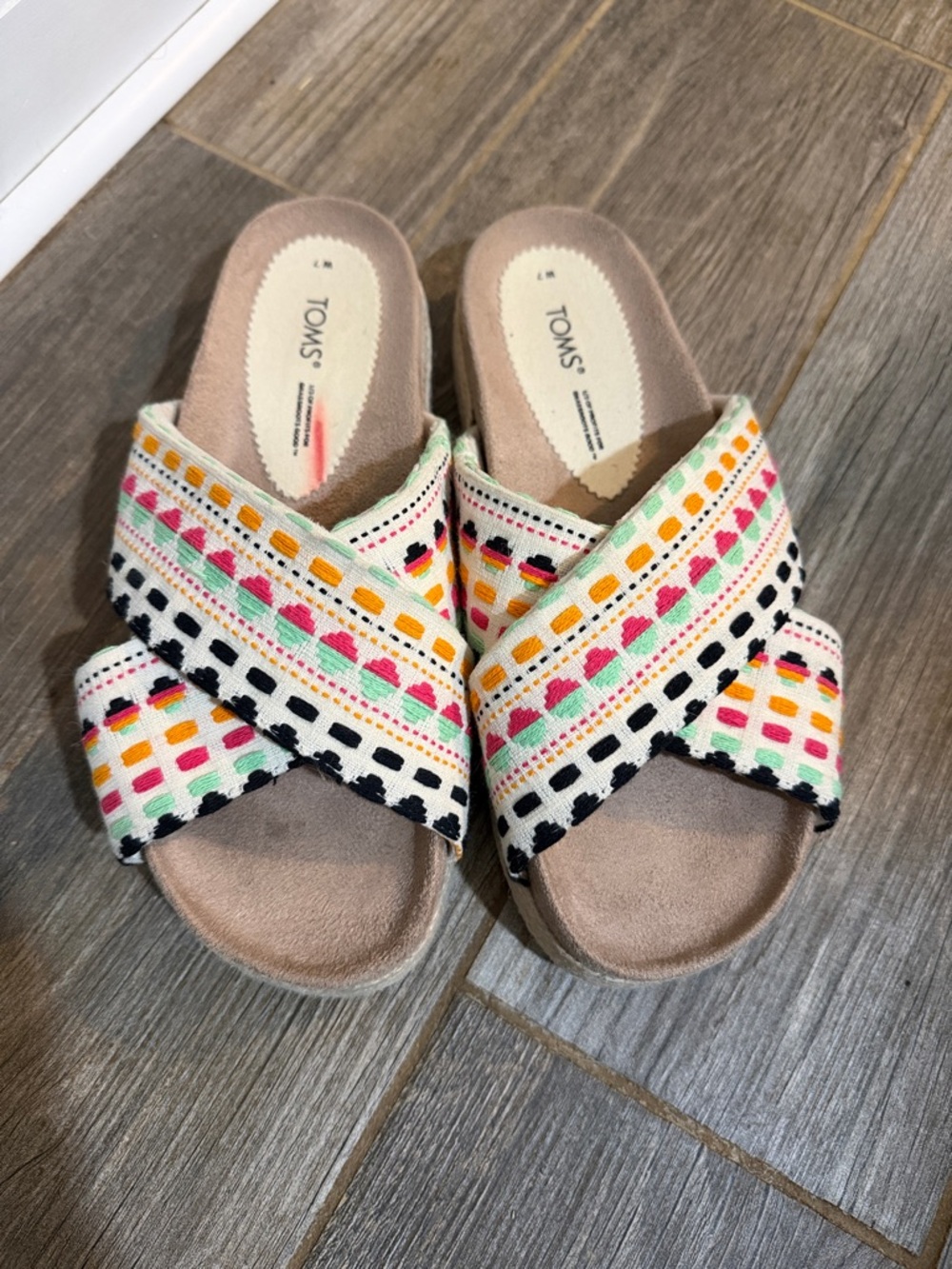 TOMS Cream Slide Sandals with Multicolor Embroidered Straps